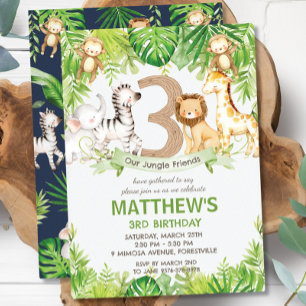 Jungle Animals Greenery Safari 3rd Birthday Party Invitation