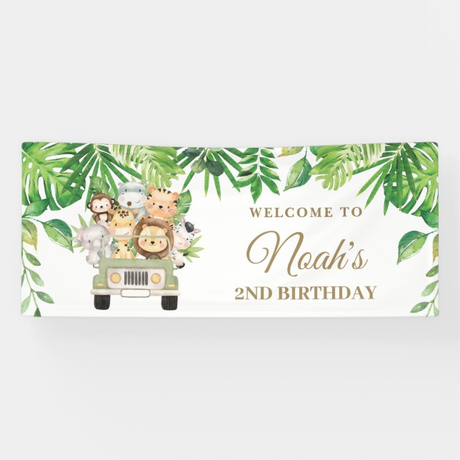 Jungle Animals Greenery Safari Car Party Backdrop Banner (Horizontal)
