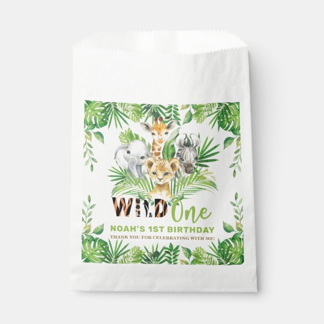 Jungle Animals Greenery Wild ONE 1st Birthday Favour Bag (Front)