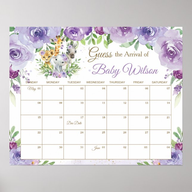 Jungle Animals Guess Baby's Due Date Game Sign (Front)