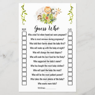 Jungle Animals Guess Who Baby Shower Game Card