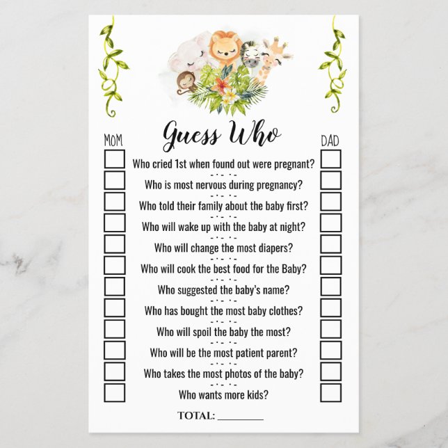 Jungle Animals Guess Who Baby Shower Game Card (Front)