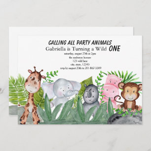 Jungle Animals Hiding In Greenery First Birthday Invitation