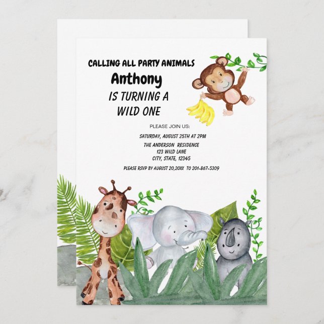 Jungle Animals Hiding In the Greenery First Birth Invitation (Front/Back)