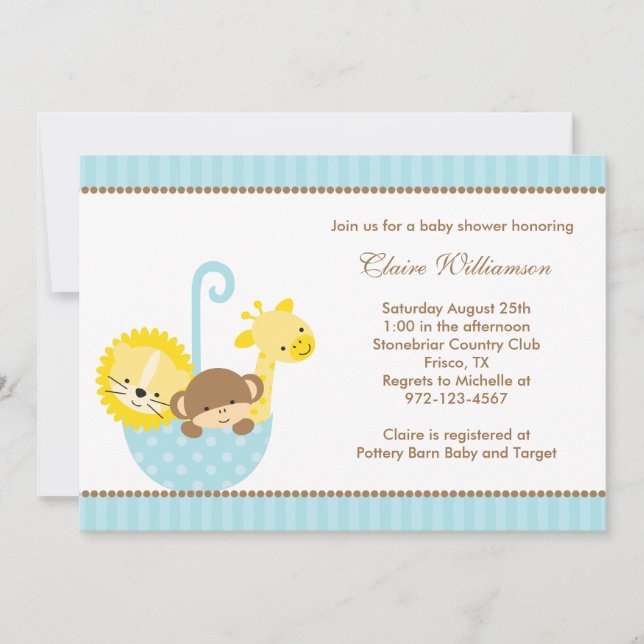 Jungle Animals in Blue Umbrella Invitations (Front)