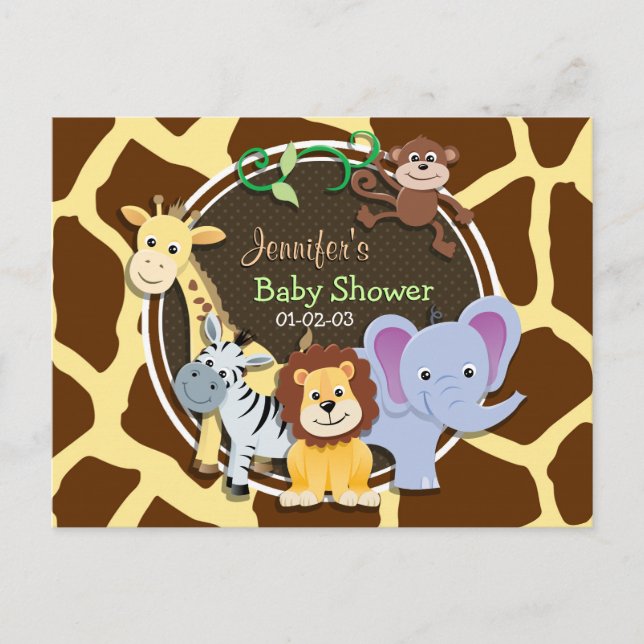 Jungle Animals on Brown Giraffe Animal Print Invitation Postcard (Front)