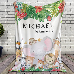 Jungle Animals + Personalised Name Green Leaves Sherpa Blanket
