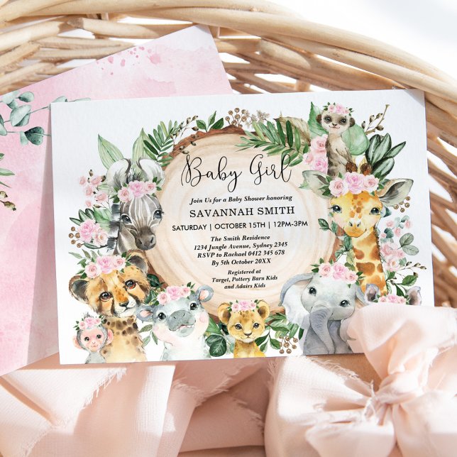Jungle Animals Pink Blush Floral Baby Girl Shower Invitation (Creator Uploaded)