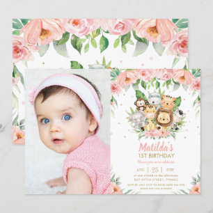 Jungle Animals Pink Floral 1st Birthday Photo Invitation