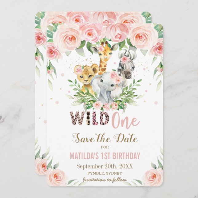 Jungle Animals Pink Floral Save the Date Card (Front/Back)