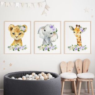 Jungle Animals, Purple Flowers, Gender Neutral