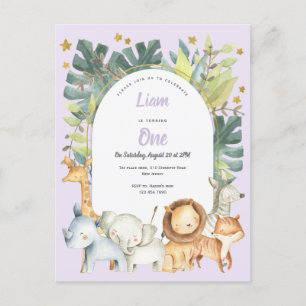 jungle animals, purple girl first birthday invitation postcard