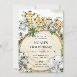 Jungle Animals Rustic Wood Slice Birthday Party  Invitation