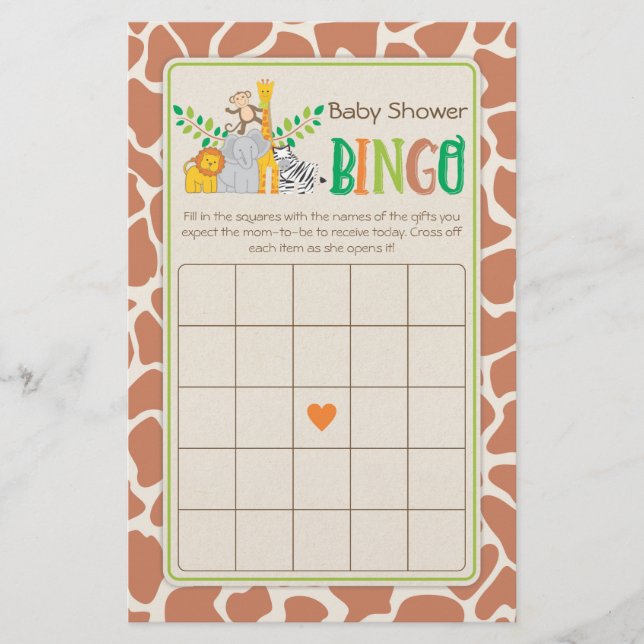 Jungle Animals Safari Baby Shower Bingo Game Flyer (Front)