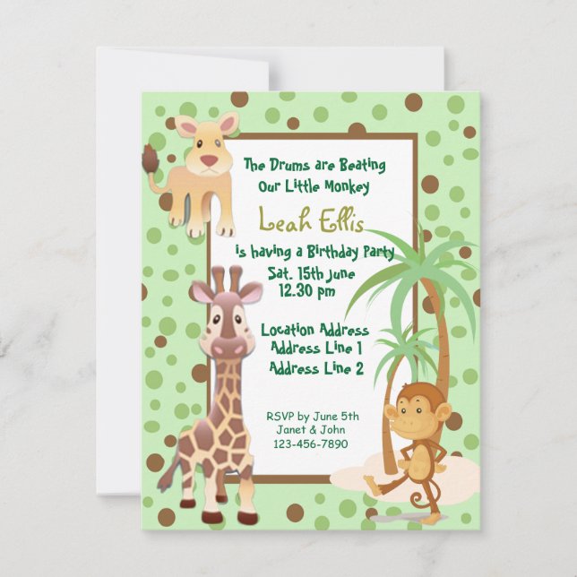 jungle animals safari birthday invitation (Front)