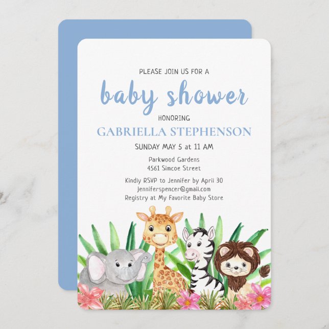 Jungle Animals Safari Blue Baby Shower Invitation (Front/Back)
