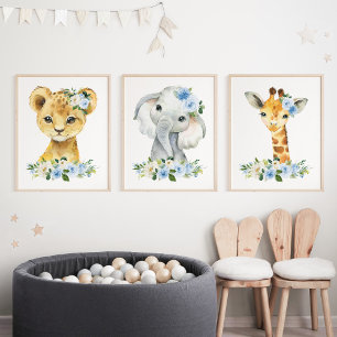 Jungle Animals, Safari, Blue Flowers, Boy Nursery