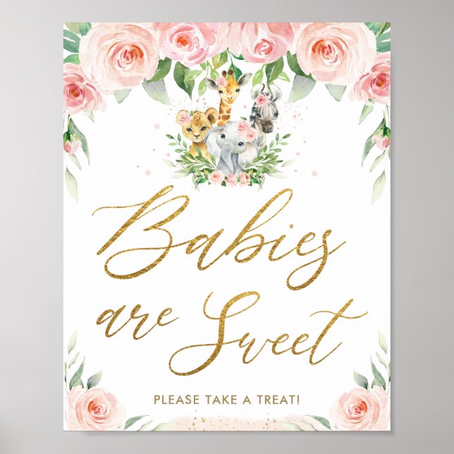 Jungle Animals Safari Blush Pink Floral Treat Sign (Front)