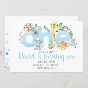 Jungle Animals Safari Boy Blue Cute 1st Birthday Invitation
