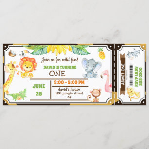 Jungle Animals Safari Boy First Birthday Ticket Invitation