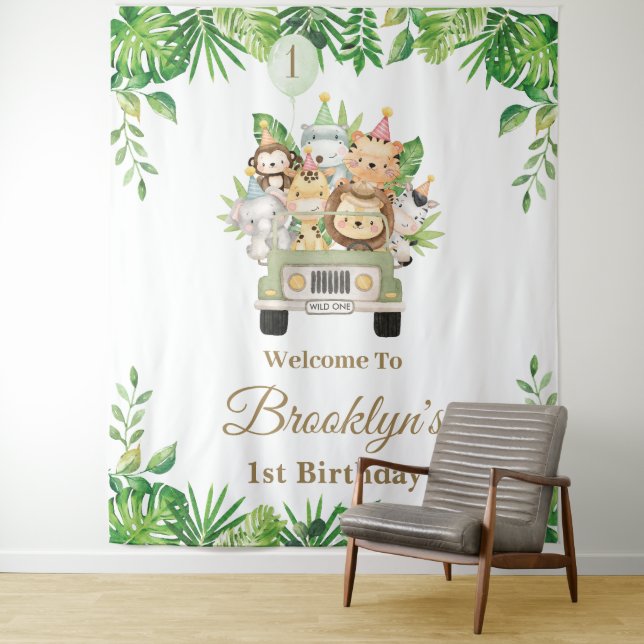 Jungle Animals Safari Car Adventure Party Backdrop Tapestry (In Situ)