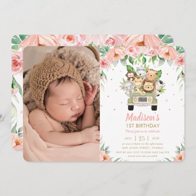 Jungle Animals Safari Car Floral Birthday Photo Invitation (Front/Back)