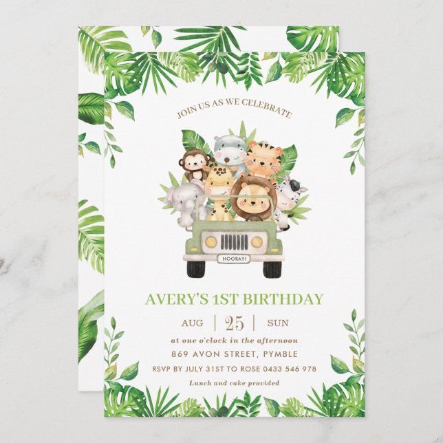Jungle Animals Safari Car Greenery 1st Birthday Invitation (Front/Back)