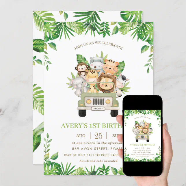 Jungle Animals Safari Car Greenery 1st Birthday Invitation | Zazzle