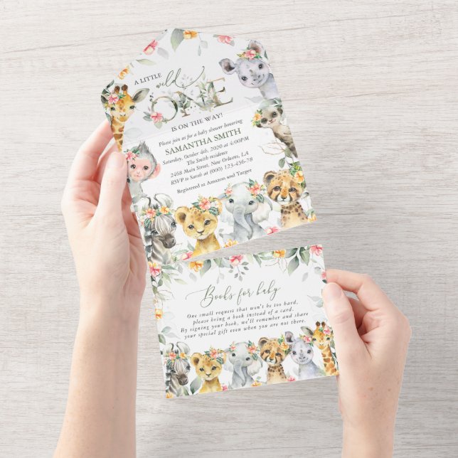 Jungle Animals, Safari, Flowers, Baby Shower All In One Invitation (Tearaway)
