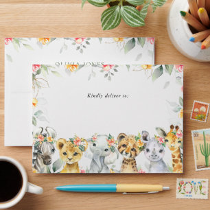 Jungle Animals, Safari, Flowers, Baby Shower Envelope