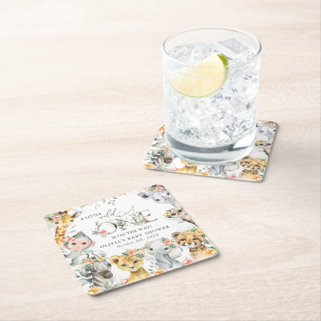 Jungle Animals, Safari, Flowers, Baby Shower Square Paper Coaster (Insitu)