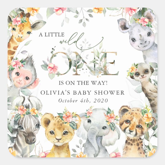 Jungle Animals, Safari, Flowers, Baby Shower Square Sticker (Front)