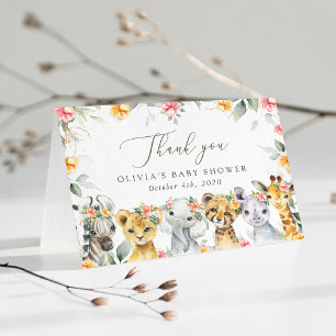 Jungle Animals, Safari, Flowers, Baby Shower Thank You Card