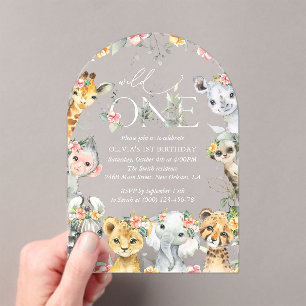 Jungle Animals, Safari, Flowers, First Birthday Acrylic Invitations