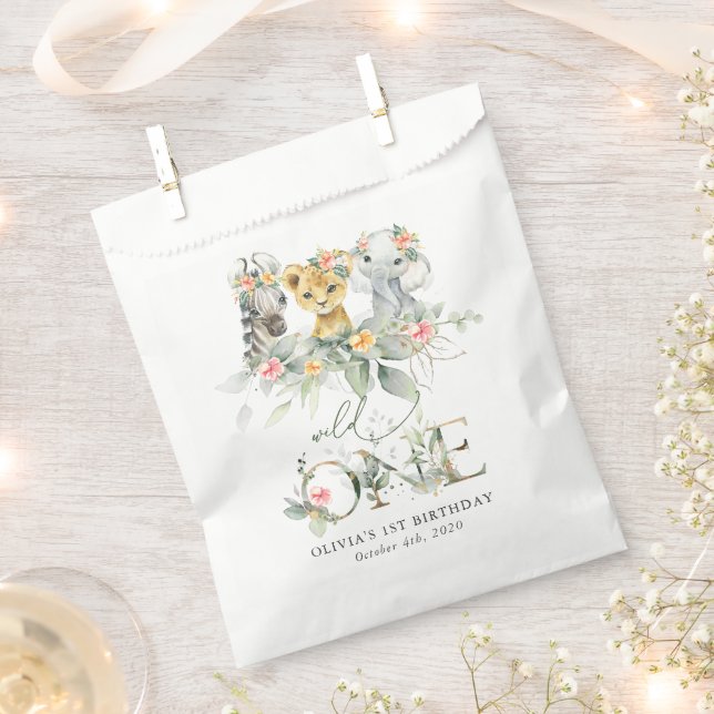 Jungle Animals, Safari, Flowers, First Birthday Favour Bag (Clipped)