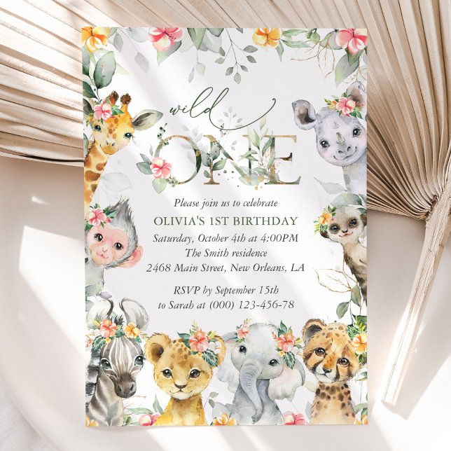 Jungle Animals, Safari, Flowers, First Birthday Invitation (Creator Uploaded)