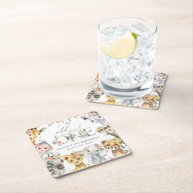 Jungle Animals, Safari, Flowers, First Birthday Square Paper Coaster (Insitu)