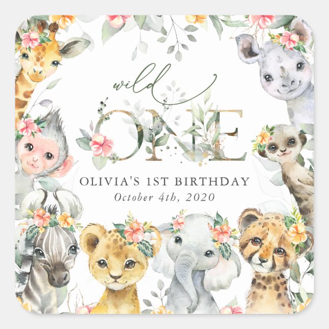 Jungle Animals, Safari, Flowers, First Birthday Square Sticker (Front)