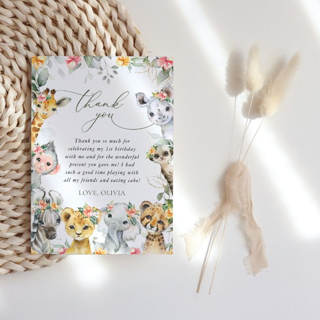 Jungle Animals, Safari, Flowers, First Birthday Thank You Card (Creator Uploaded)