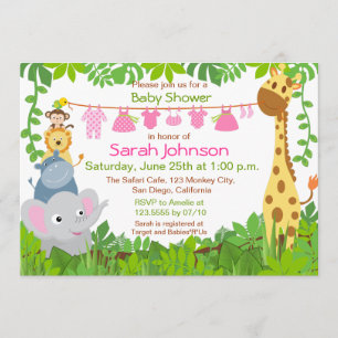 Jungle Animals Safari Girl Baby Shower Invitation