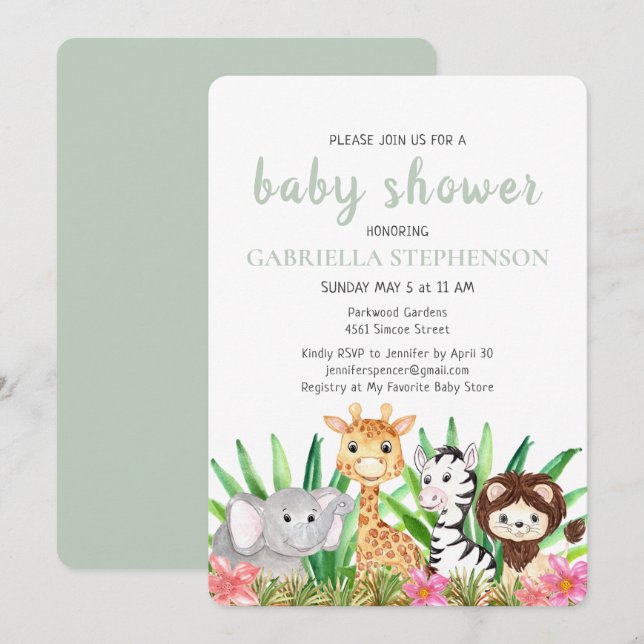 Jungle Animals Safari Green Baby Shower Invitation (Front/Back)