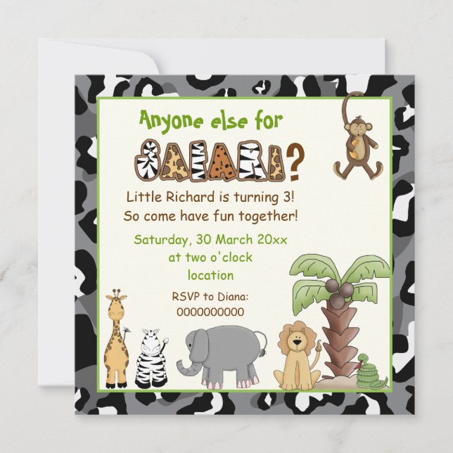 Jungle animals safari kids birthday party invitation (Front)