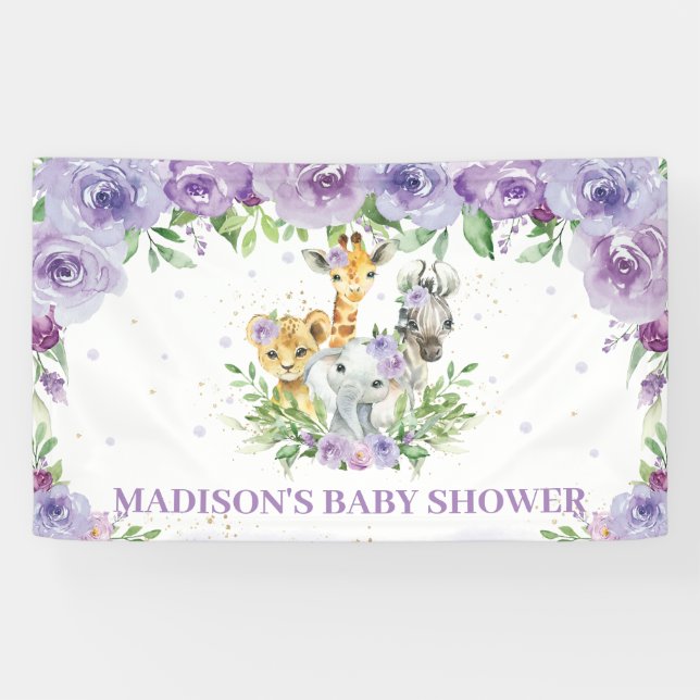 Jungle Animals Safari Lilac Purple Floral Backdrop Banner (Horizontal)