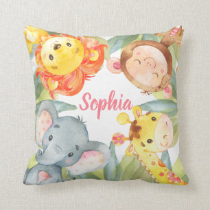 Jungle Animals Safari Nursery Baby Girl Pink Cute Cushion