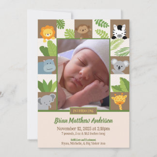 Jungle Animals Safari Photo Birth Announcement