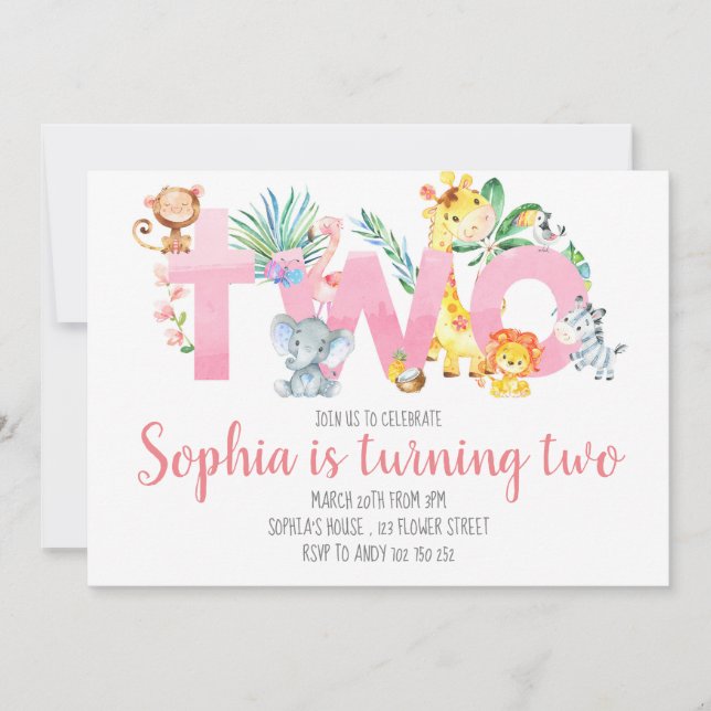 Jungle Animals Safari Pink 2nd Birthday Girl Cute Invitation (Front)