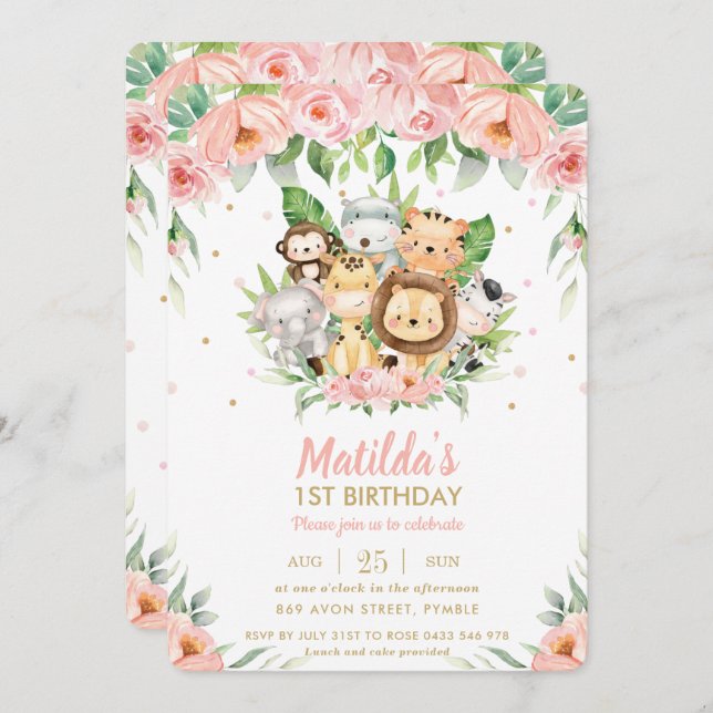 Jungle Animals Safari Pink Floral 1st Birthday Invitation (Front/Back)