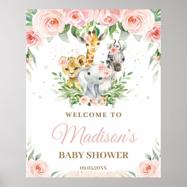 Jungle Animals Safari Pink Floral Baby Welcome  Poster (Front)
