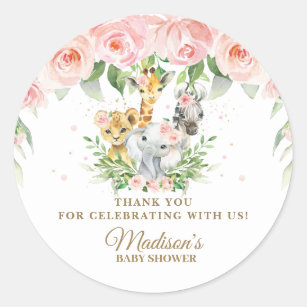 Jungle Animals Safari Pink Floral Thank You Favour Classic Round Sticker