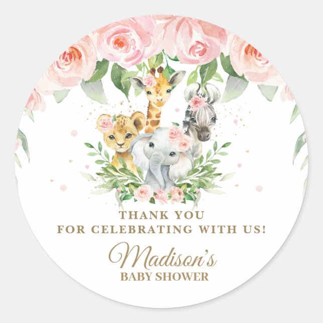 Jungle Animals Safari Pink Floral Thank You Favour Classic Round Sticker (Front)